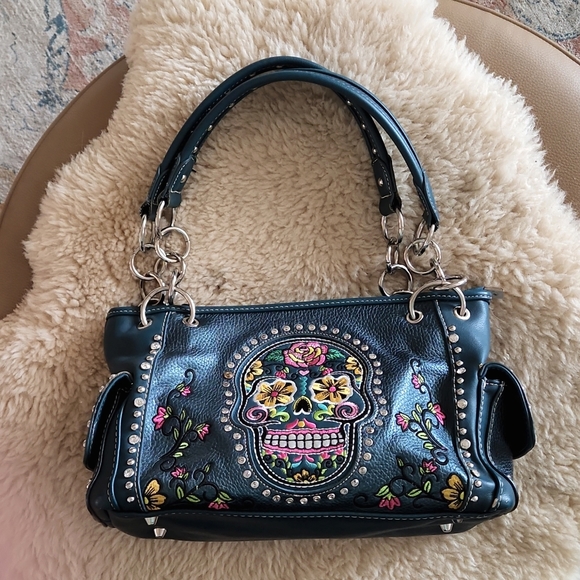 Montana West Handbags - Montana West Blingy Sugar Skull Turquoise Shoulder Bag